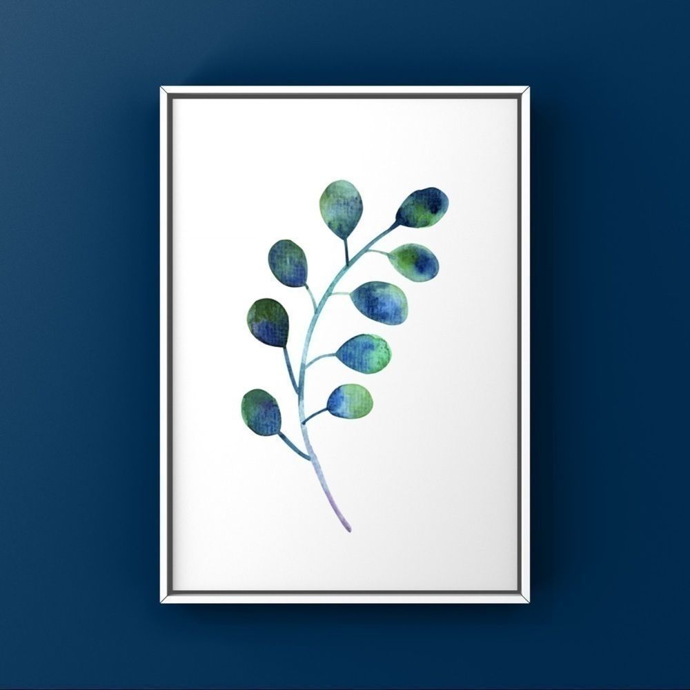 Blue green leaves branch watercolor art print